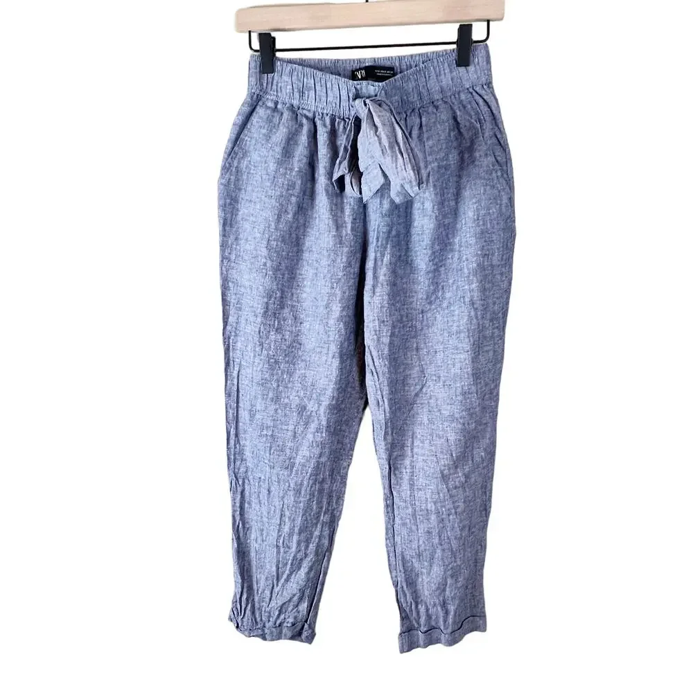 Zara‎ Blue Linen Blend Tie Waist Tapered Pants Womens Small High Rise Cuffed Hem